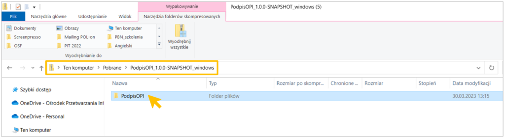 Otwarte okno eksploratora plików. Ścieżka: Ten komputer - Pobrane - PodpisOPI_1.0.1_windows.

Widać folder o nazwie PodpisOPI. 