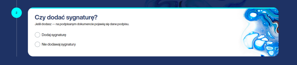 Ekran aplikacji Podpis OPI, na którym użytkownik ma zdecydować, czy chce dodać widoczne oznaczenie podpisu (sygnaturę) na dokumencie.  

Użytkownik może udzielić odpowiedzi, klikając 1 z dwóch przycisków opcji: Dodaj sygnaturę, Nie dodawaj sygnatury.