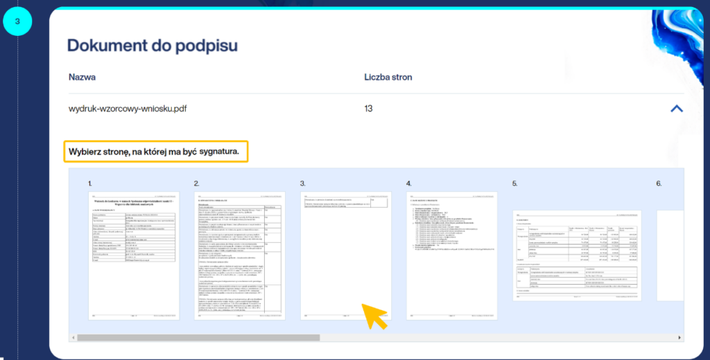 Ekran aplikacji Podpis OPI z dokumentem do podpisu. Widać nazwę dokumentu, liczbę stron i ich podgląd. Użytkownik ma kliknąć stronę, na której znajdzie się sygnatura. Żółta strzałka sugeruje kliknięcie na jednej ze stron.
