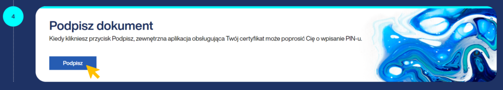 Ekran aplikacji Podpis OPI informujący, że po kliknięciu przycisku Podpisz (na ekranie poniżej) zewnętrzna aplikacja obsługująca certyfikat może poprosić o wpisanie PIN-u.